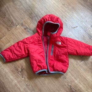 The North Face baby Red Plaid Puffer Baby Reversible Perrito Hooded Jacket